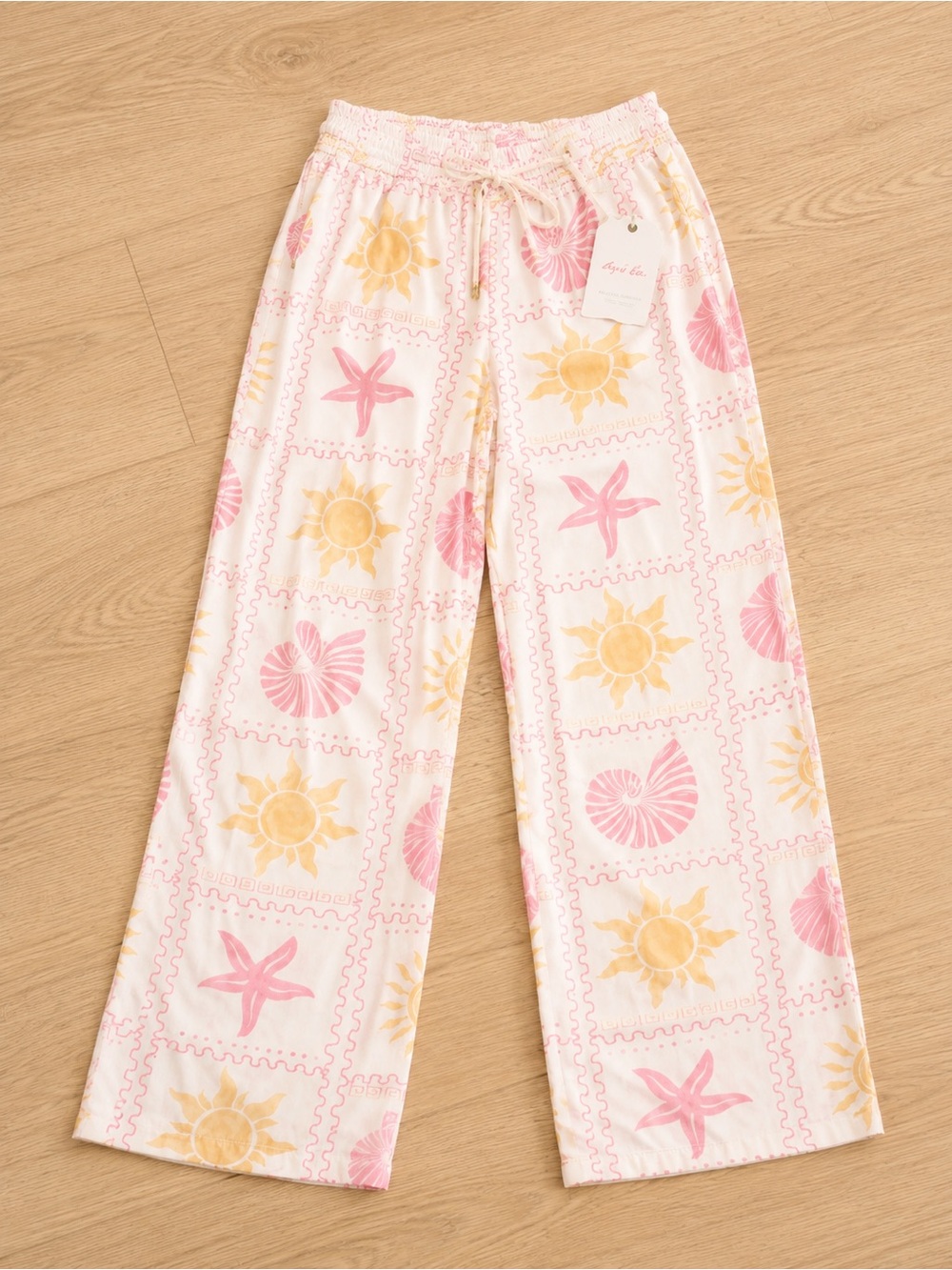 Linen Pink & Yellow Shell-Print Pants